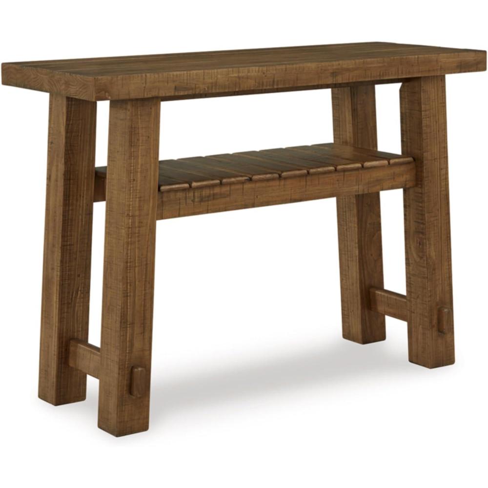 imageSignature Design by Ashley Mackifeld Farmhouse Distressed Sofa Table with Slatted Shelf Post and Beam Construction Light Brown