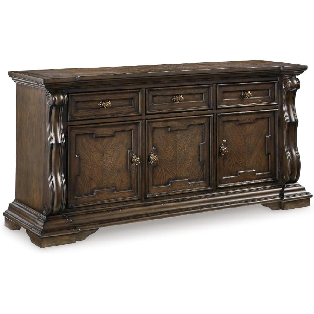 imageSignature Design by Ashley Maylee Classic Dining Buffet Cabinet with 3 Adjustable Shelves and FeltLined Drawers Dark Brown