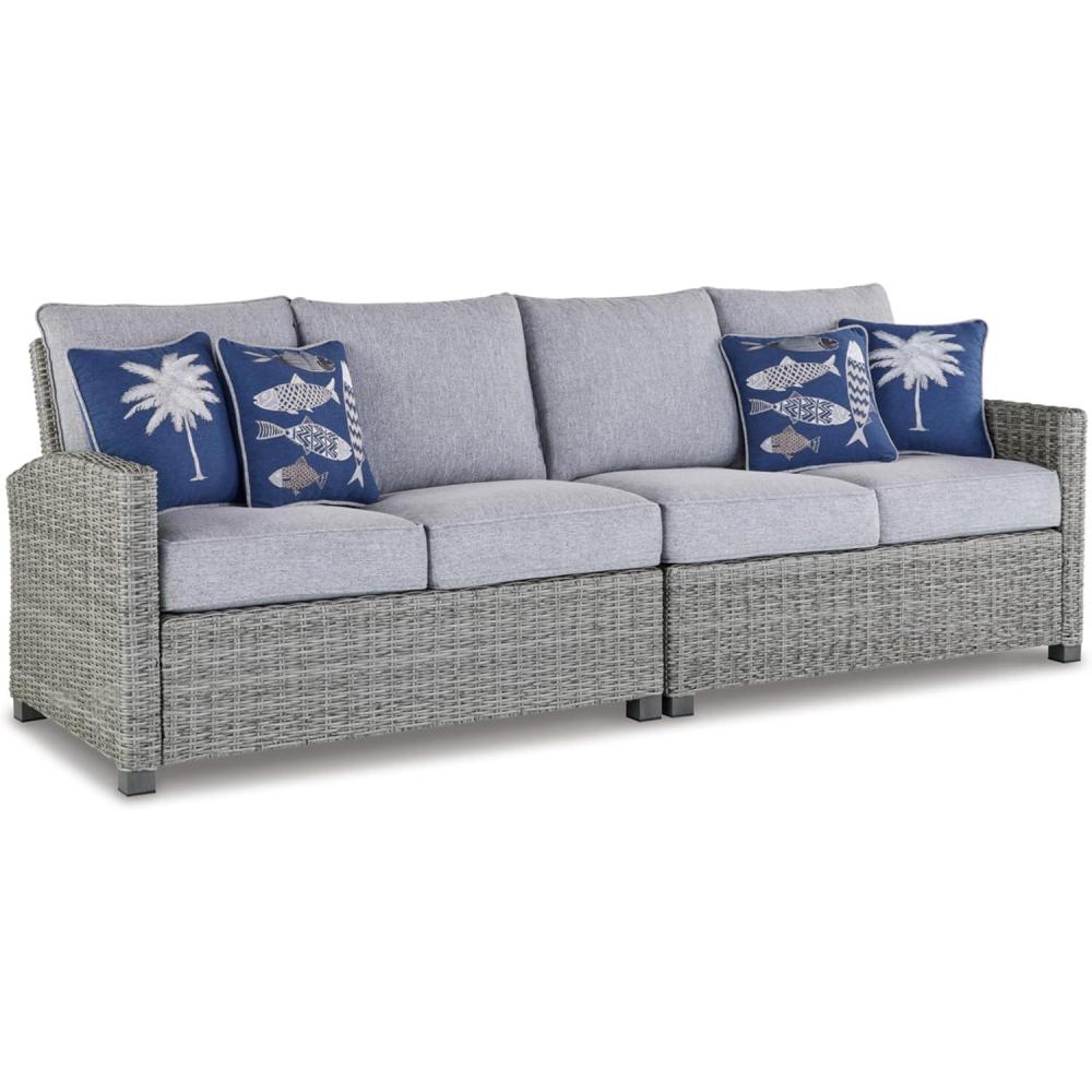 imageSignature Design by Ashley Naples Beach Casual Outdoor Right and Leftarm Facing Loveseat with Cushion and 4 Throw Pillows Set of 2 Nuvella Weather Resistant Fabric Light Gray