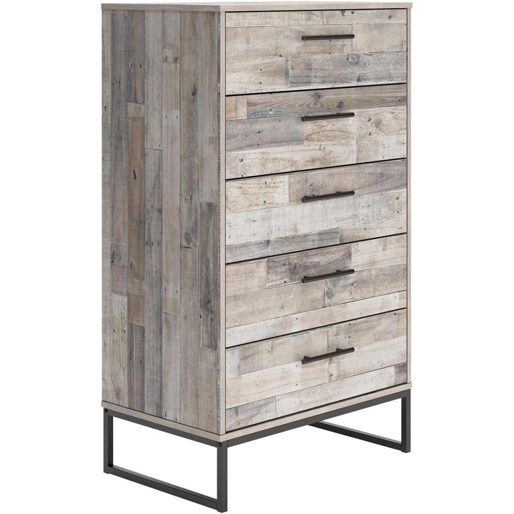 imageSignature Design by Ashley Neilsville Industrial 5 Drawer Chest of Drawers with SmoothGliding Drawers and Safety Stop GrayWhitewash