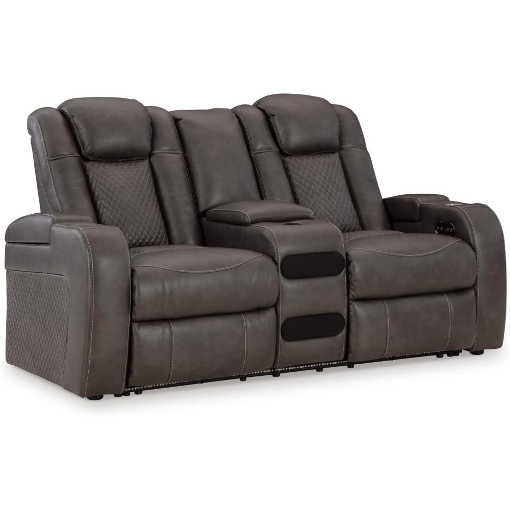 imageSignature Design by Ashley NextGen DuraPella Power Reclining Loveseat with Console ampamp Adjustable Headrest SandDark Gray