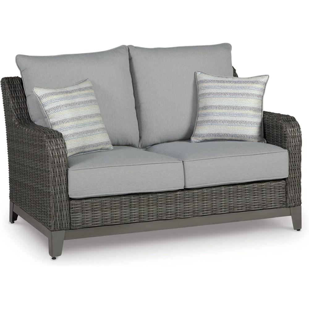 imageSignature Design by Ashley Outdoor Elite Park Patio Wicker Loveseat with Cushion Nuvella Weather Resistant Fabric Gray