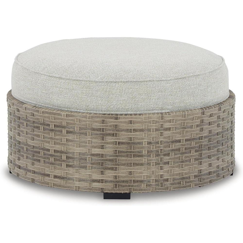 imageSignature Design by Ashley Outdoor Harbor Court Patio Wicker Ottoman with CushionNuvella Weather Resistant Fabric GrayBeige