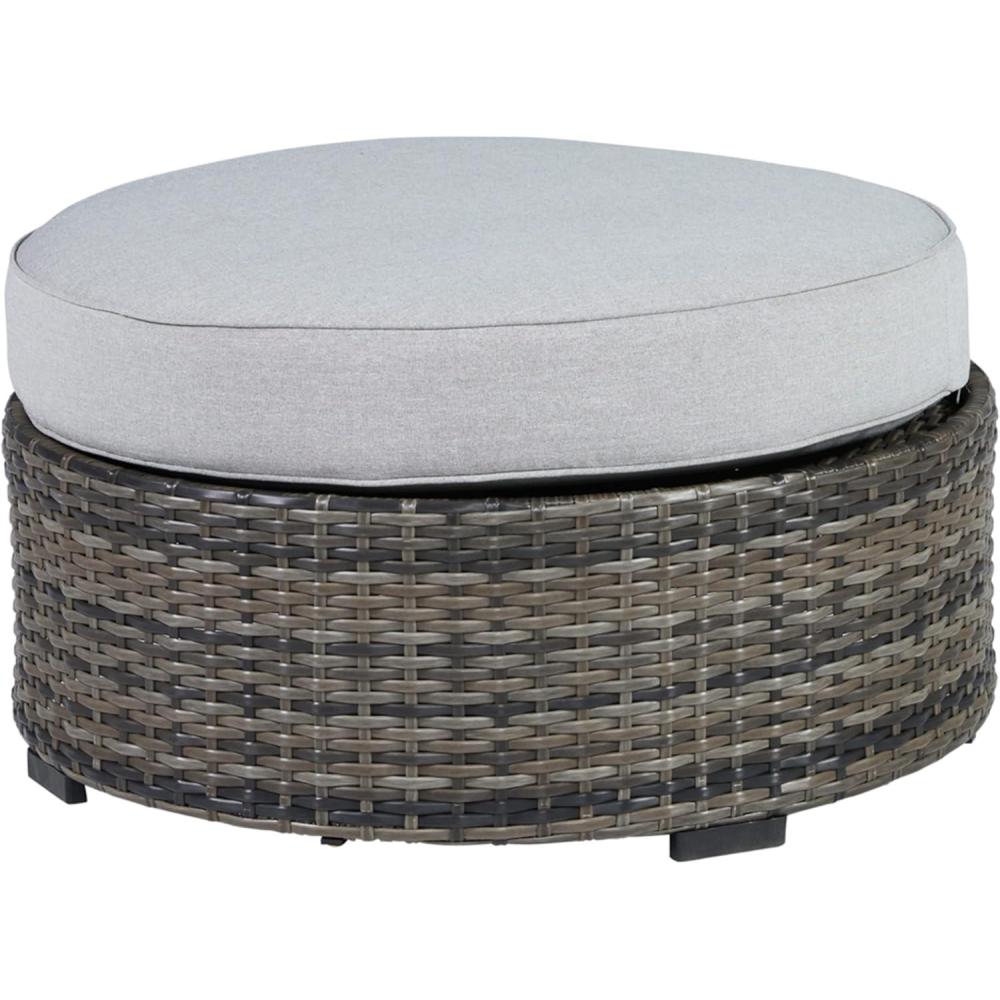 imageSignature Design by Ashley Outdoor Harbor Court Patio Wicker Ottoman with CushionNuvella Weather Resistant Fabric GrayGrey