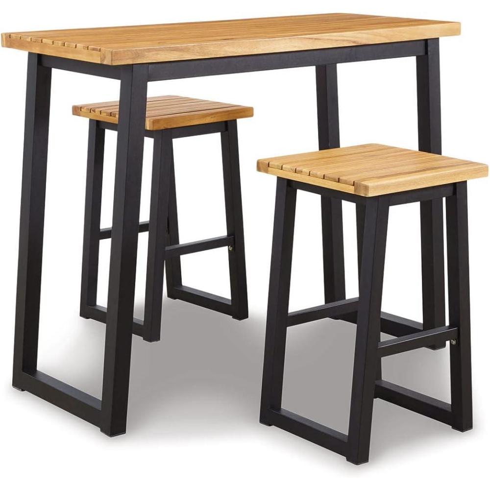 imageSignature Design by Ashley Outdoor Town Wood 3 Piece Patio Counter Table Set with 2 Benches Brown ampamp BlackCounter