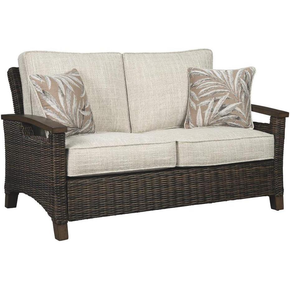imageSignature Design by Ashley Paradise Trail Outdoor Patio Sofa with Cushion and 2 Pillows Brown ampamp BeigeLoveseat with Cushion