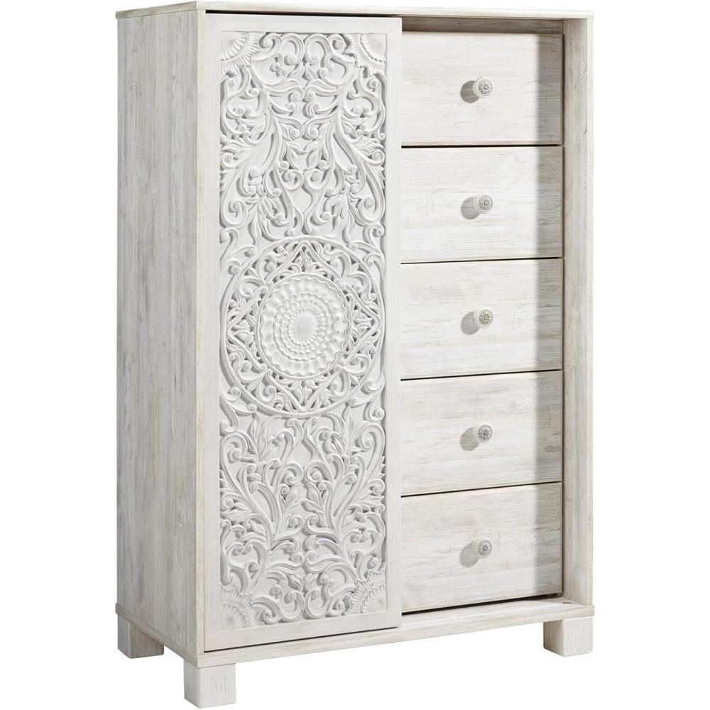 imageSignature Design by Ashley Paxberry Boho 5 Drawer Dressing Chest with Slider Door ampamp 3 Adjustable Shelves WhitewashWhitewash