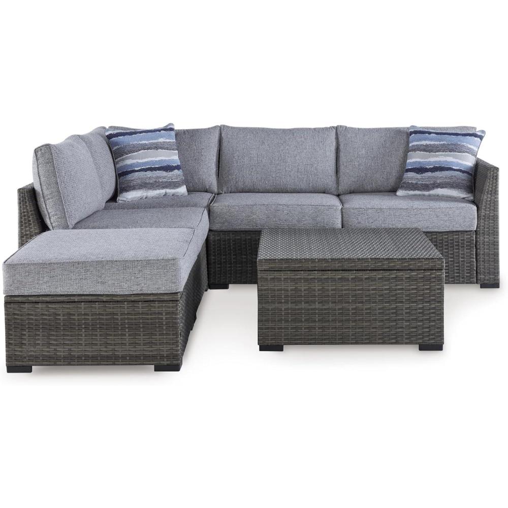 imageSignature Design by Ashley Petal Road Casual Nuvella Weather Resistant Fabric Cushioned Outdoor Loveseat SectionalOttomanTable Set with 2 Throw Pillows Set of 4 Gray