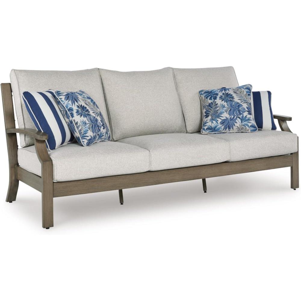 imageSignature Design by Ashley Rainier Ranch Casual Nuvella Weather Resistant Fabric Outdoor Sofa with Cushion and 4 Accent Pillows Light Brown ampamp Light Gray
