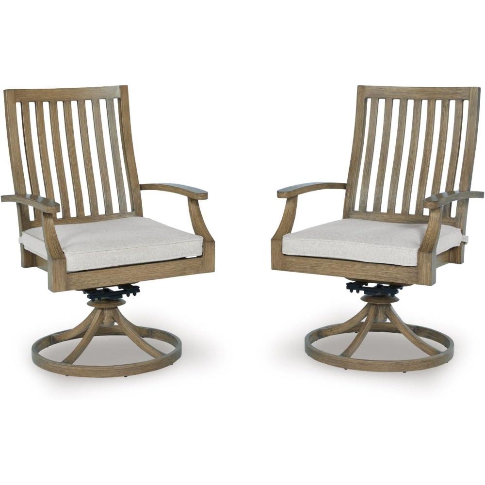 imageSignature Design by Ashley Rainier Ranch Contemporary Rust Resistant Aluminum High Back Outdoor Arm Chair with Loose Seat Cushion Set of 2 Nuvella Weather Resistant Fabric Light Brown ampamp BeigeOutdoor Swivel Chair with Cushion Set of 2