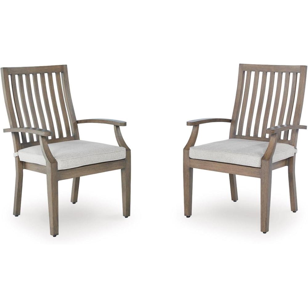 imageSignature Design by Ashley Rainier Ranch Contemporary Rust Resistant Aluminum High Back Outdoor Arm Chair with Loose Seat Cushion Set of 2 Nuvella Weather Resistant Fabric Light Brown ampamp BeigeOutdoor Arm Chair with Cushion Set of 2