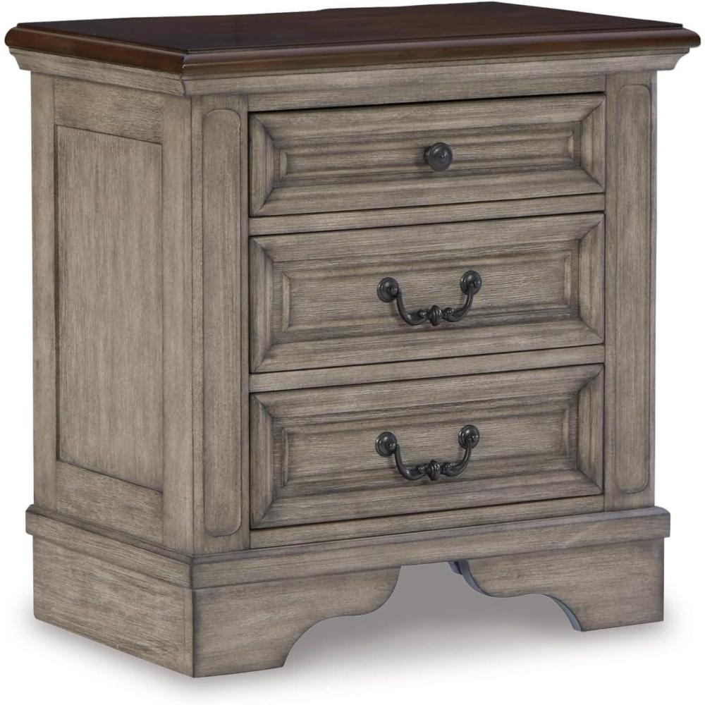 imageSignature Design by Ashley Realyn French Country 3 Drawer Nightstand with Electrical Outlets ampamp USB Ports 2775quot Tall Chipped WhiteAntique Gray