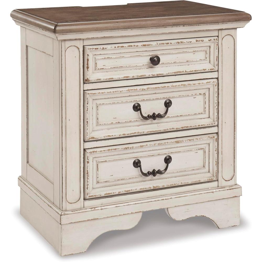 imageSignature Design by Ashley Realyn French Country 3 Drawer Nightstand with Electrical Outlets ampamp USB Ports 2775quot Tall Chipped WhiteChipped White