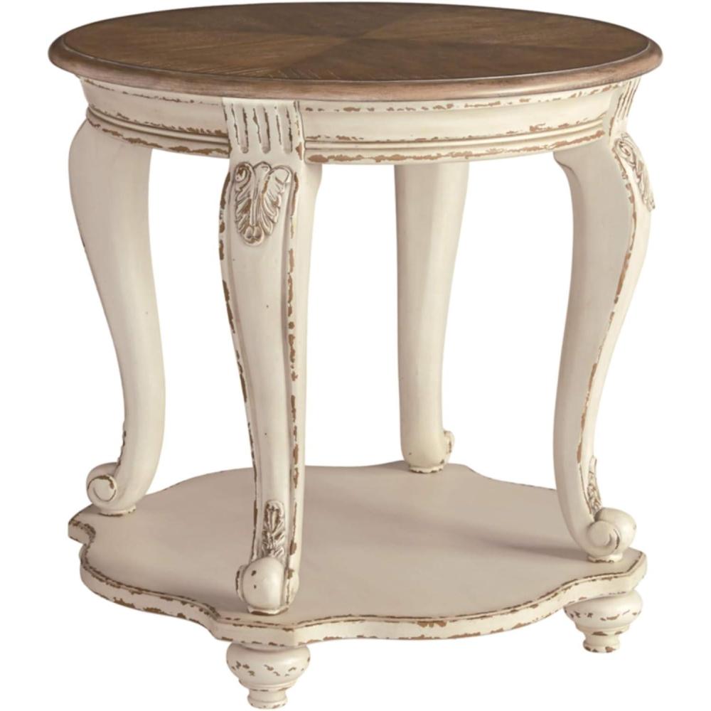 imageSignature Design by Ashley Realyn French Country Round End Table TwoTone Accent Table  Chipped WhiteWhitewash