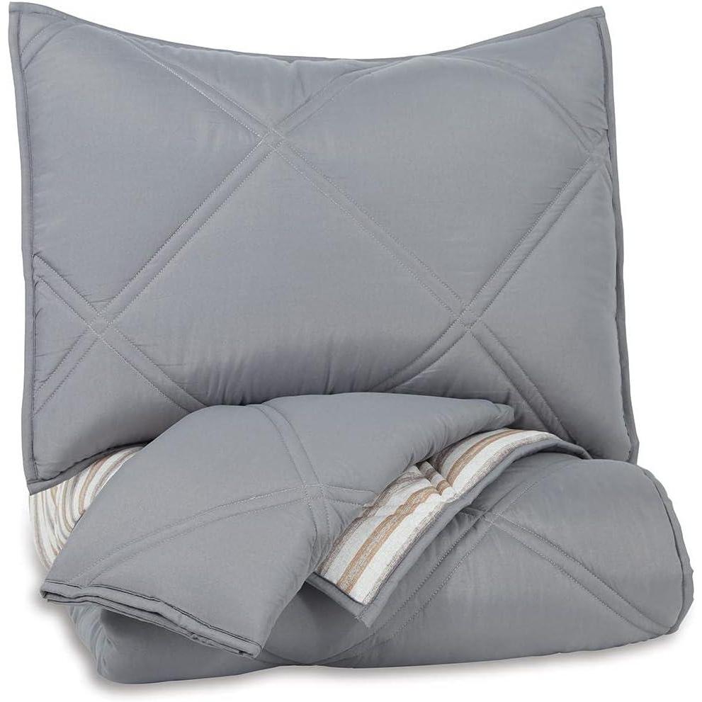 imageSignature Design by Ashley Rhey Contemporary Diamond Quilting ampamp Striped Design Reversible Twin Comforter with One Sham Set Gray Beige Brown