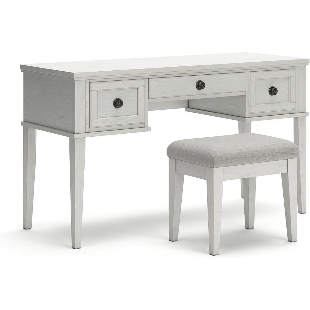 imageSignature Design by Ashley Robbinsdale Casual Vanity with 3 Drawers ampamp Upholstered Cushioned Stool Whitewash