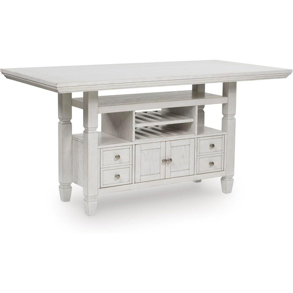 imageSignature Design by Ashley Robbinsdale Farmhouse Distressed Counter Height Dining Extension Table with Trestle Base Planked Effect and 2 Removable End Leaves WhiteAntique White