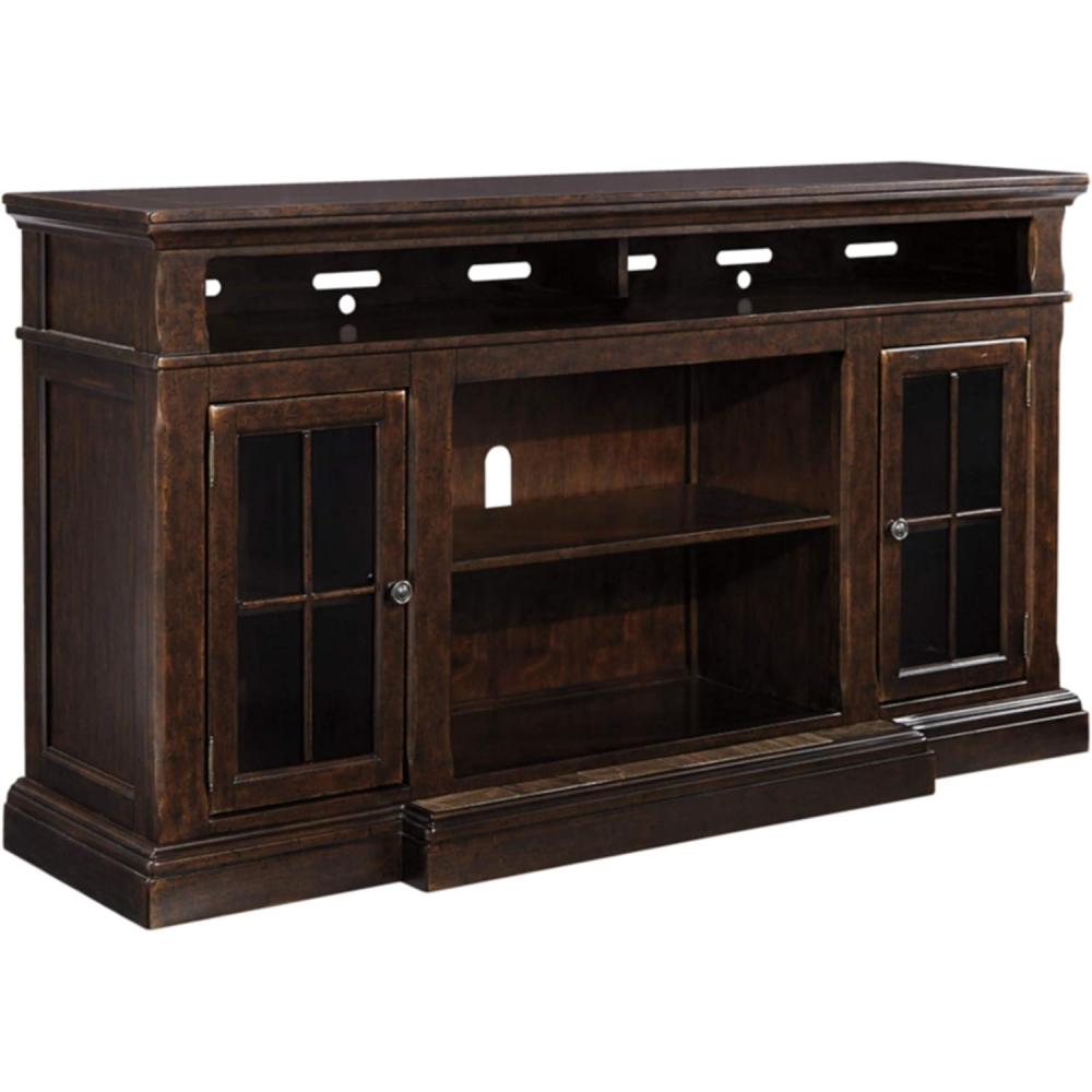 imageSignature Design by Ashley Roddinton Traditional TV Stand With Fireplace Option Fits TVs up to 70quot 2 Cabinets and Storage Shelves Dark BrownTV Stand