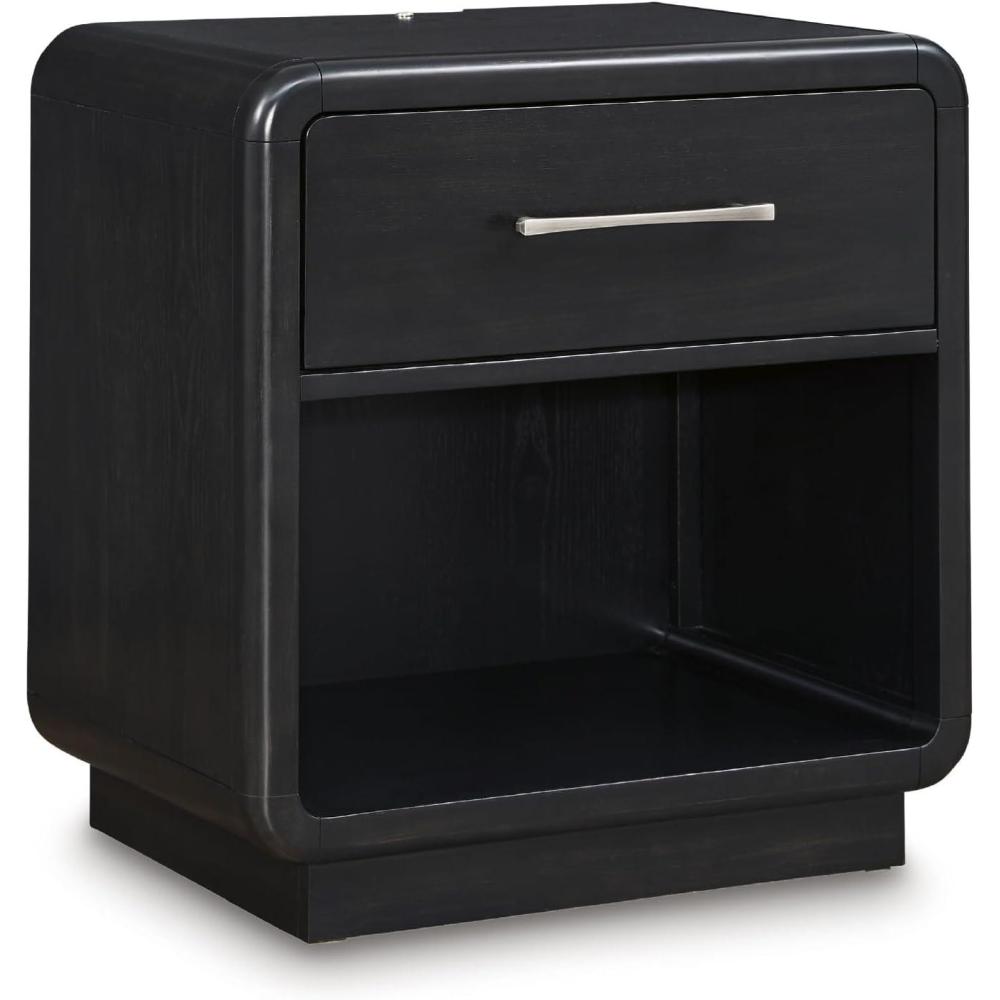 imageSignature Design by Ashley Rowanbeck Modern FeltLined 1 Drawer Nightstand with 1 Lower Shelf LED Lights Power Supply and USB Ports 2675quot Tall Black