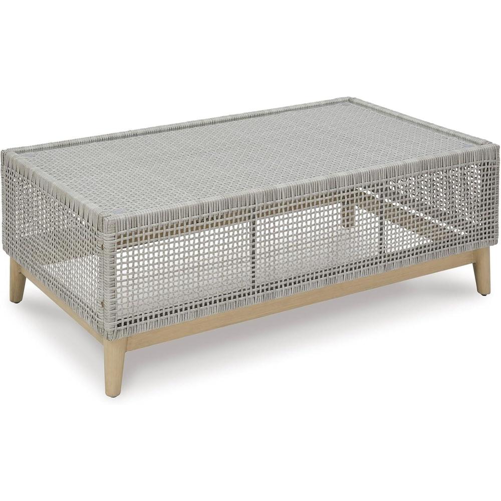 imageSignature Design by Ashley Seton Creek Contemporary Chic Outdoor AllWeather Resin Wicker End Table with Tempered Glass Tabletop Gray ampamp Light BrownOutdoor Coffee Table
