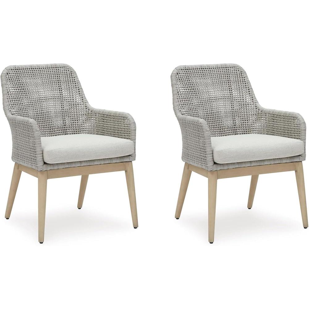 imageSignature Design by Ashley Seton Creek Cottage Nuvella Weather Resistant Fabric Outdoor Dining Arm Chair with Cushion Set of 2 Light Brown ampamp Light GrayArm Chair