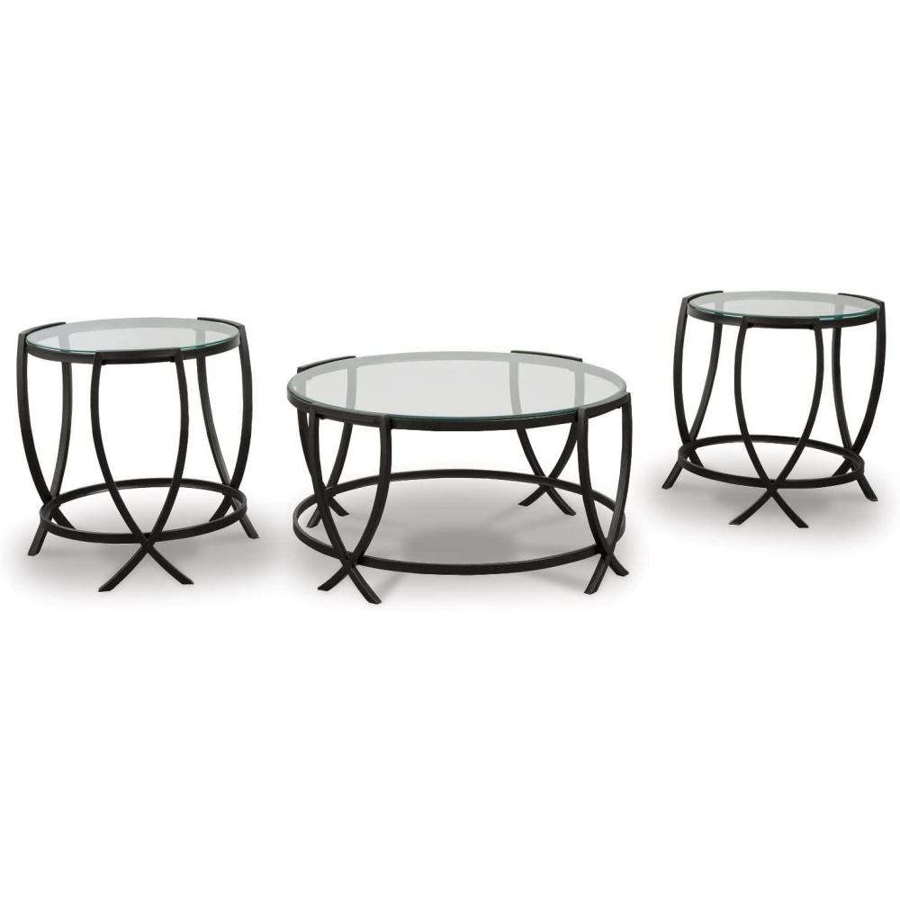 imageSignature Design by Ashley Tarrin Contemporary Glass Top Round 3Piece Table Set Includes Coffee Table and 2 End Tables Black