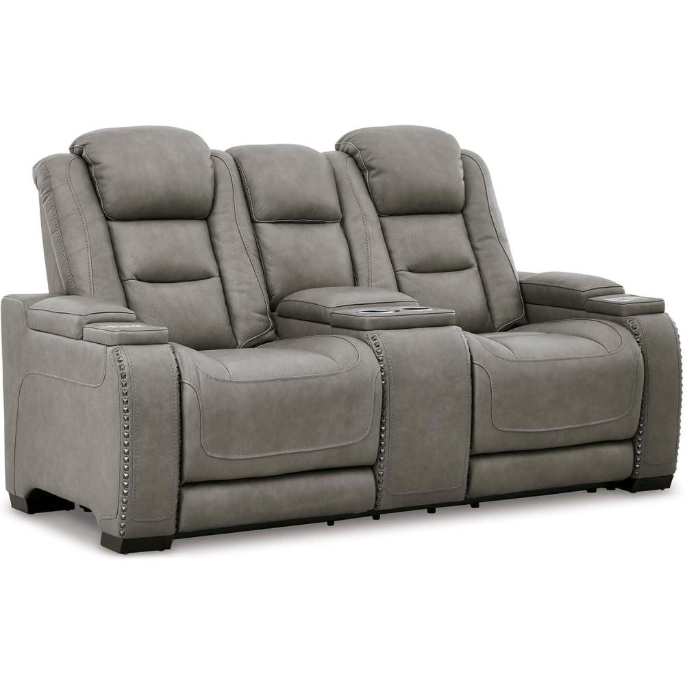 imageSignature Design by Ashley The ManDen Leather Power Reclining Loveseat with Center Console Adjustable Headrest ampamp Wireless Charging GrayGrey