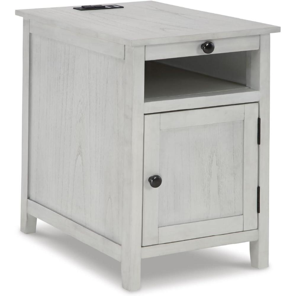 imageSignature Design by Ashley Treytown Casual Compact Chairside End Table with a Storage Cabinet Open Cubby Shelf PullOut Tray ampamp USB Charging Ports BrownWhitewash