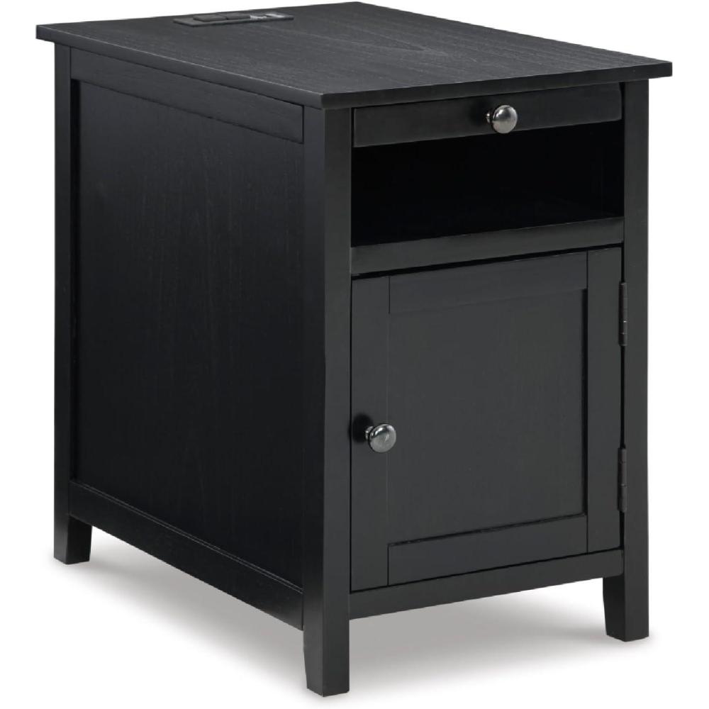imageSignature Design by Ashley Treytown Casual Compact Chairside End Table with a Storage Cabinet Open Cubby Shelf PullOut Tray ampamp USB Charging Ports BrownBlack