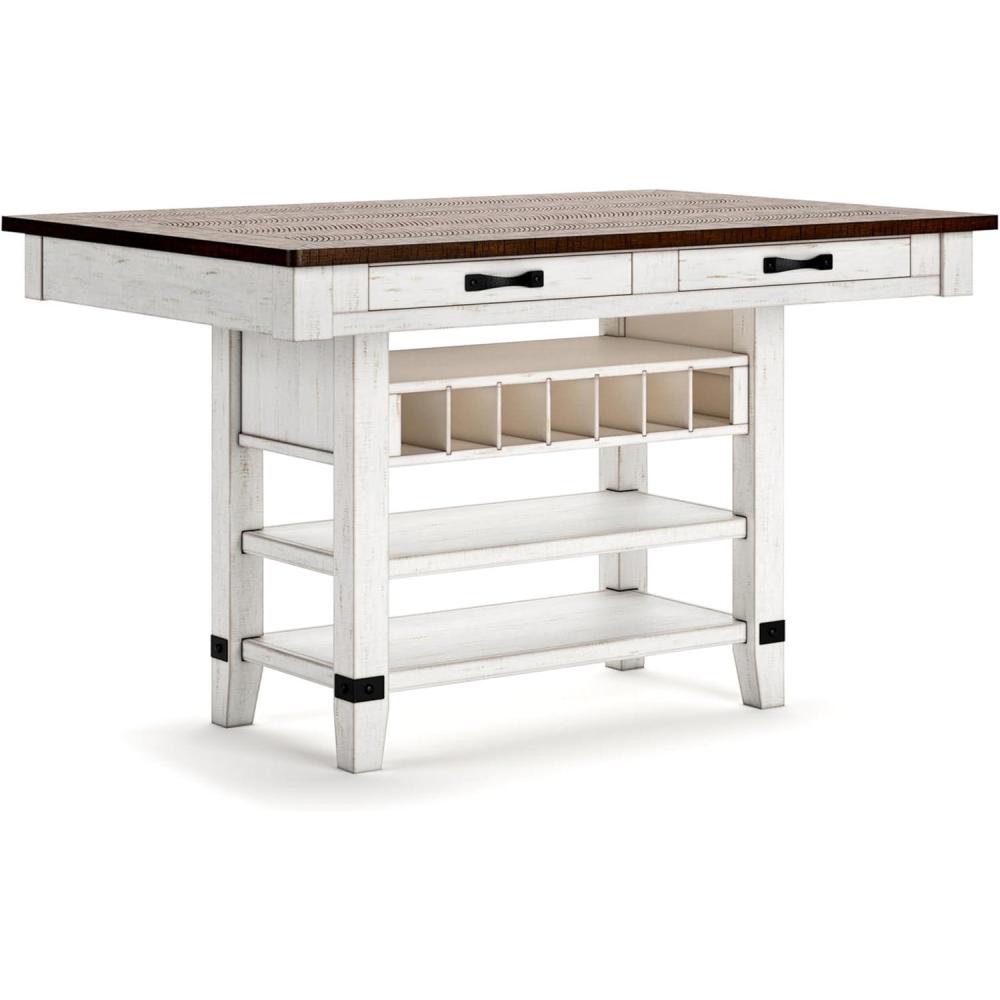 imageSignature Design by Ashley Valebeck Rustic Counter Height Dining Table with 4 Drawers 2 Open Shelves and 7bottle Wine Rack White ampamp Dark Brown
