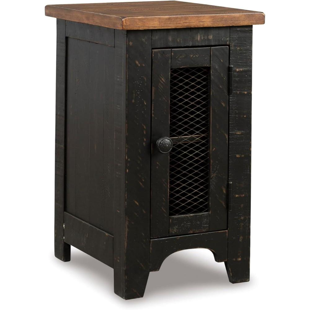 imageSignature Design by Ashley Valebeck Rustic Farmhouse Chair Side End Table with Cabinet Door Distressed BlackBlack