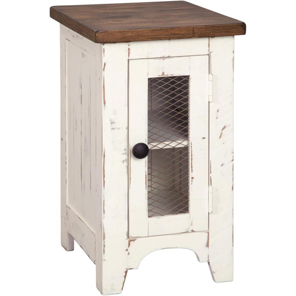 imageSignature Design by Ashley Valebeck Rustic Farmhouse Chair Side End Table with Cabinet Door Distressed BlackWhiteBrown