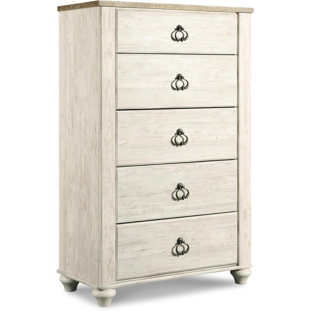 imageSignature Design by Ashley Willowton Shabby Chic Dressing Chest with Faux Plank Top Whitewash5 Drawer Dresser