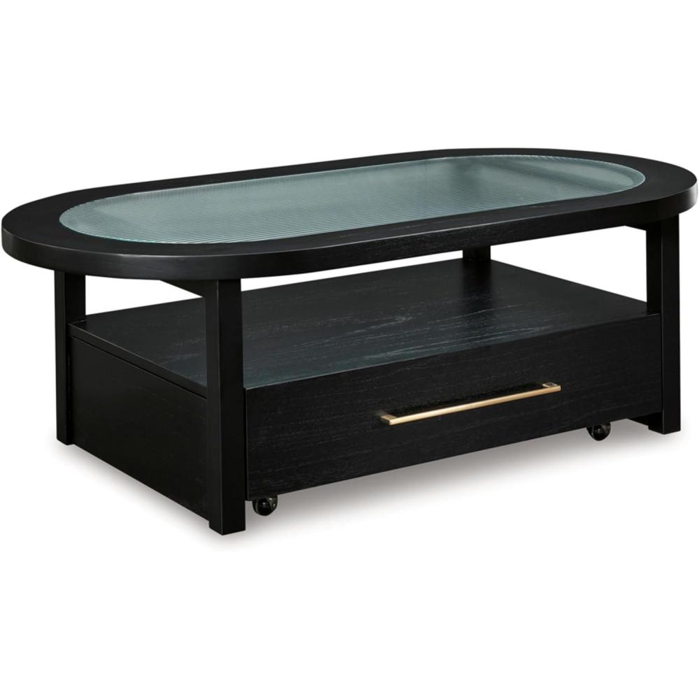 imageSignature Design by Ashley Winbardi Industrial GlassTabletop Coffee Table with Casters and Open Shelf Black