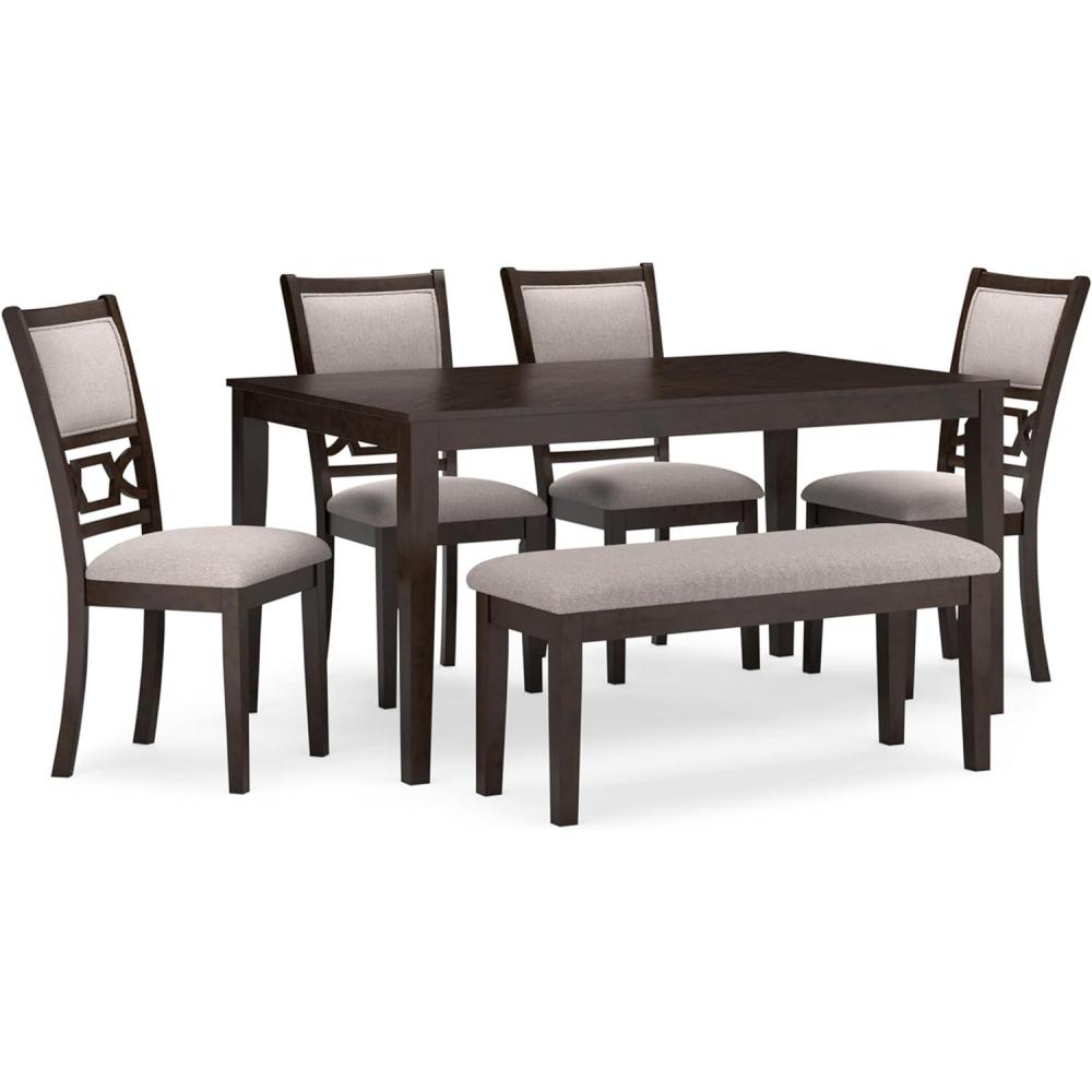 imageSignature Design by Ashley Wrenning Modern Diamond Patterned Dining Table with 4 Upholstered Chairs and Bench Set of 6 Gray ampamp Light GrayBrown