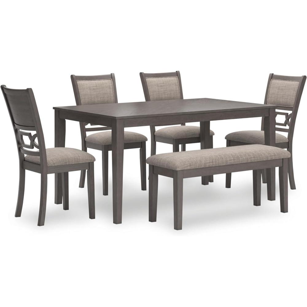 imageSignature Design by Ashley Wrenning Modern Diamond Patterned Dining Table with 4 Upholstered Chairs and Bench Set of 6 Gray ampamp Light GrayGrey