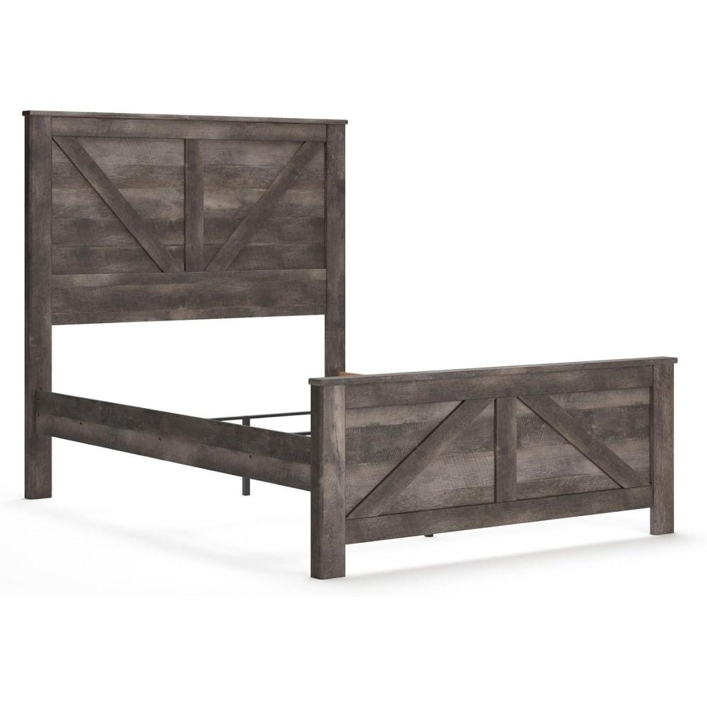 imageSignature Design by Ashley Wynnlow Rustic Queen Crossbuck Panel Bed with Metal Slats Foundation or Box Spring Needed Gray