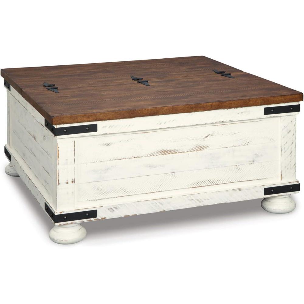 imageSignature Design by Ashley Wystfield Farmhouse Square Storage Coffee Table with Hinged Lift Top Distressed WhiteWhite