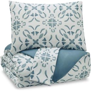 Signature Design by Ashley Adason Contemporary Floral King Polyester Microfiber Comforter Set, White & Blue