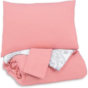 Signature Design by Ashley Avaleigh Contemporary Ruffle Striped & Floral Design Reversible Twin Comforter with One Sham Set, Pink White, Gray(Full)