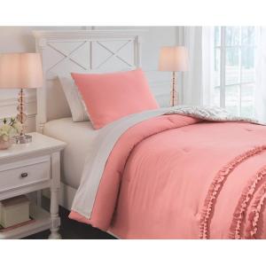 Signature Design by Ashley Avaleigh Contemporary Ruffle Striped & Floral Design Reversible Twin Comforter with One Sham Set, Pink White, Gray(Twin)