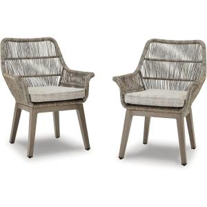 Signature Design by Ashley Beach Front Casual Outdoor Wood-Look Arm Chair with Cushion, 2 Count, Nuvella Weather Resistant Fabric, Brown