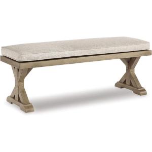 Signature Design by Ashley Beachcroft Patio Farmhouse Outdoor Upholstered Dining Bench,Nuvella Weather Resistant Fabric, Beige(Natural)
