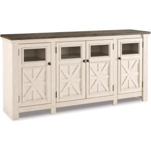 Signature Design by Ashley Bolanburg Farmhouse TV Stand Fits TVs up to 58″, 2 Cabinet Doors and 4 Adjustable Storage Shelves, Whitewash & Light Brown(X-Large)