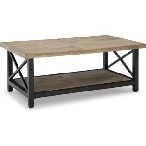 Signature Design by Ashley Bristenfort Rustic Crossbuck Coffee Table with Lower Shelf, Light Brown & Black