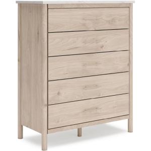 Signature Design by Ashley Cadmori Bohemian 5-Drawer Chest of Drawers with Safety Stop and Post Legs, White & Light Brown(Light Brown & White)