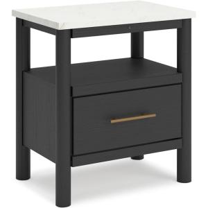 Signature Design by Ashley Cadmori Casual Faux Marble Tabletop 1 Drawer Nightstand with Open Shelf, Ambient Lights, Wireless Charging and USB-C Ports, 26.57″ Tall, Light Brown & White(Black & White)