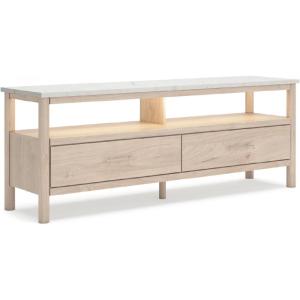 Signature Design by Ashley Cadmori Traditional 72″ TV Stand for TVs up to 82″ with Ambient Lighting, Open Shelf and Drawers, Black & White(Light Brown & White)