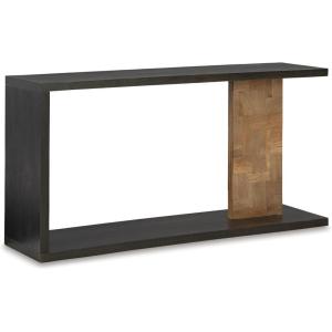 Signature Design by Ashley Camlett Contemporary Console Sofa Table with Shelf and Patchwork Patterned Support Post, Dark Brown & Light Brown