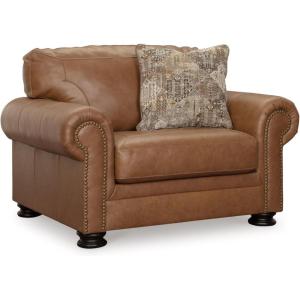 Signature Design by Ashley Carianna Contemporary Leather Match Upholstered Oversized Chair with Nailhead Trim and 1 Accent Pillow, Dark Brown